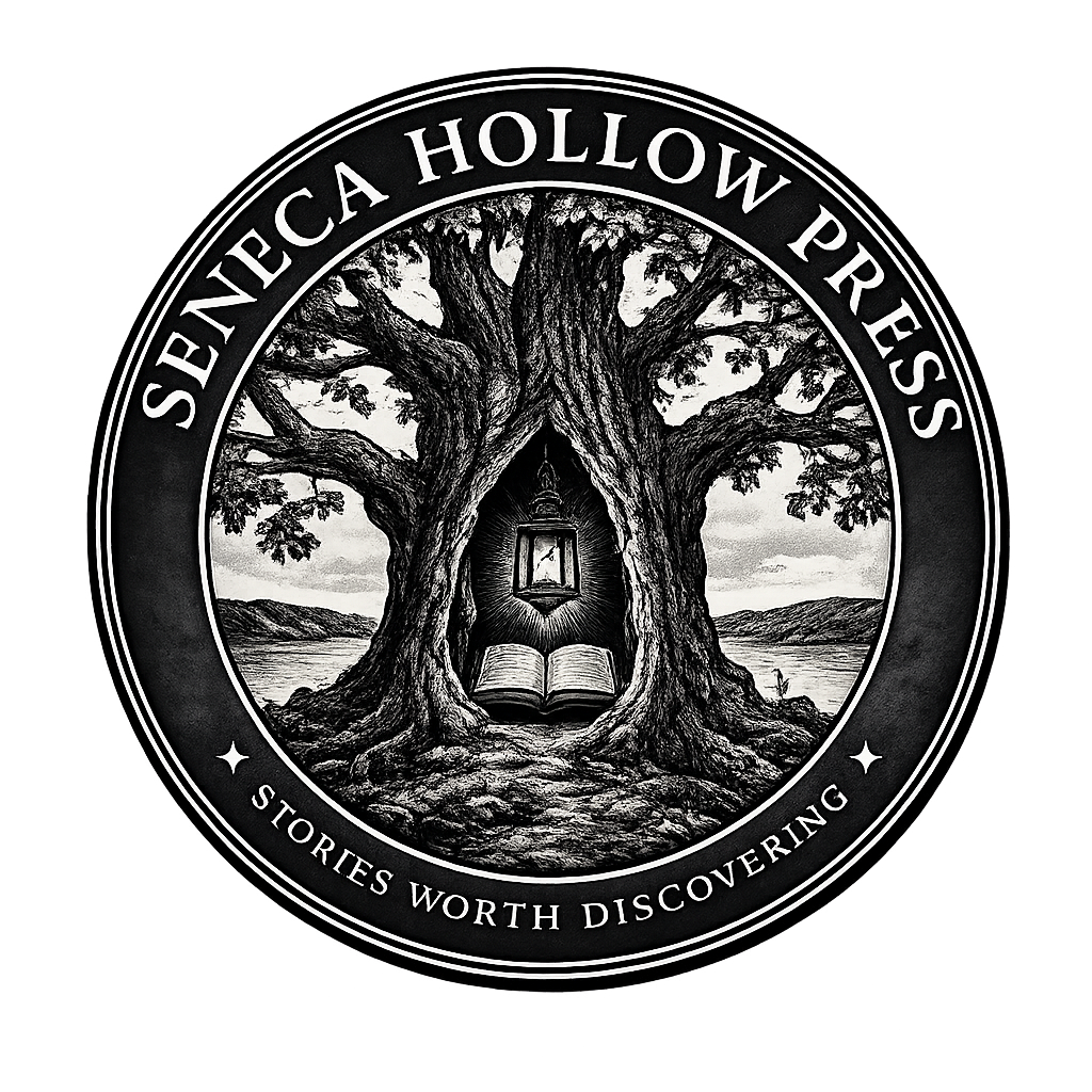 Seneca Hollow Press "Seneca Hollow Press circular logo depicting a hollow tree with an open book and lantern, surrounded by the words 'Seneca Hollow Press' and 'Stories Worth Discovering.'" And if you're using it purely as a branding mark where the company name appears immed